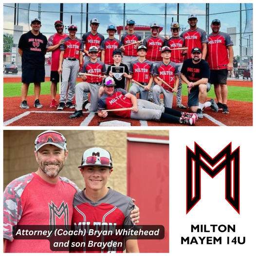 Attorney Bryan Whitehead as Coach with his son Brayden wearing Milton Mayhem uniforms.